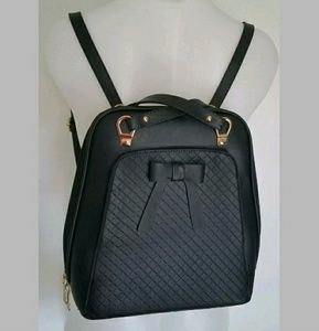 Mini Travel Black Bookbag Purse Faux Leather Bow